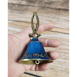 Vintage Israel Brass Bell Home Office Decor Collectible Teal Enamel 4.5"